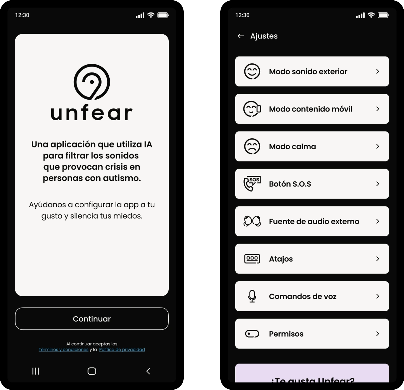 Unfear app screenshots